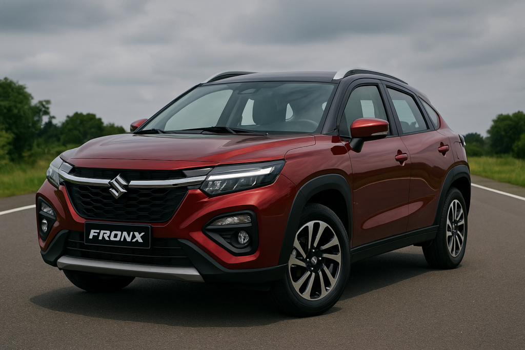 Tampak depan Suzuki Fronx berwarna merah metalik sedang diparkir di jalan terbuka dengan latar belakang langit mendung dan pepohonan hijau, menampilkan desain gril agresif dan lampu LED modern.